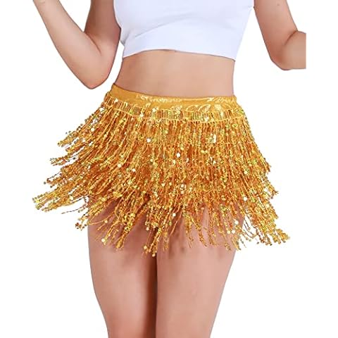 Women's Disco Outfit 70s Sequins Tassel Fringe Shorts Sparkly Skirts Bottoms Sequins Gold, X-Large Cover