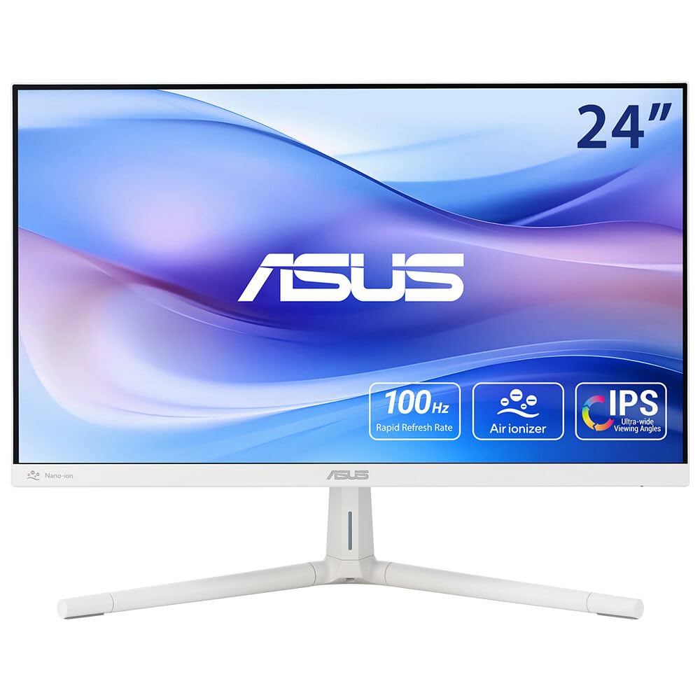 ASUS VU249HFI-W 24 Zoll 100Hz Weiß FHD IPS Eye Care Monitor | Nano-Ion Luftionisator, Eye Care Plus, Adaptive Sync, SmoothMotion, VESA, für Home Office, HDMI, ergonomisch, 1ms