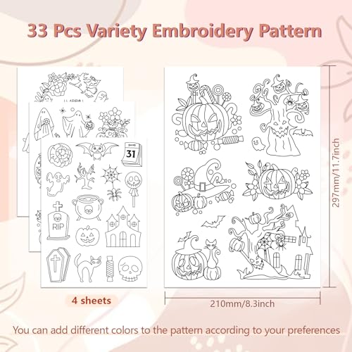 Image of Peacoblue Water Soluble Embroidery Patterns for Beginners Halloween Trees and Castle 4 Sheets with 33pcs Patterns, Wash Away Embroidery Pattern Stabilizer for Hand Sewing Lover Women Adults