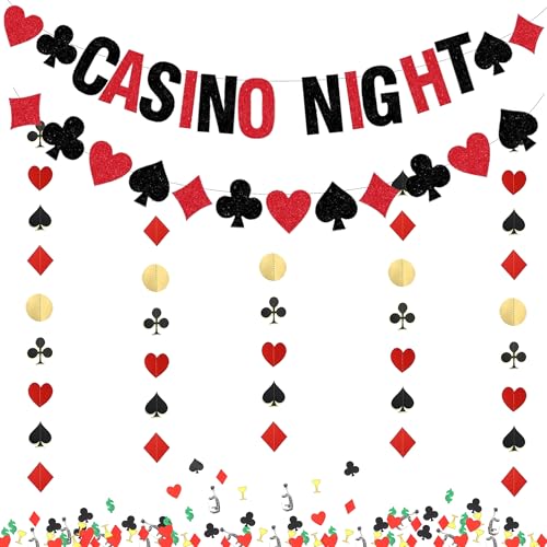 Xietaea Casino Deko Girlande Set - 27 Stück Party Dekoration mit Casino Night Banner Spielkarten Garland Poker Konfetti Papier Las Vegas Nachtparty Geburtstag Dekorationen