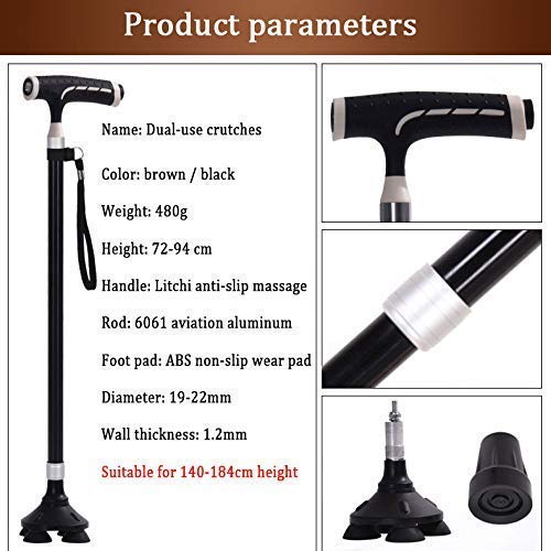 Przenośne kule ze stopu aluminium, lampa LED Cztery stopy Wielofunkcyjne kule dla osób starszych Ergonomiczna laska Antypoślizgowe kule przedramienia Metalowa laska Regulowany chodzik Interesting