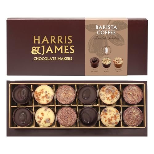 Harris & James Barista Collection 12 Piece Chocolate Selection Box. Handmade Luxury Coffee Chocolates From Bean To Bar. Dark Espresso Flat White & Caramel Latte Milk & Dark Mixed Selection Box (180g)