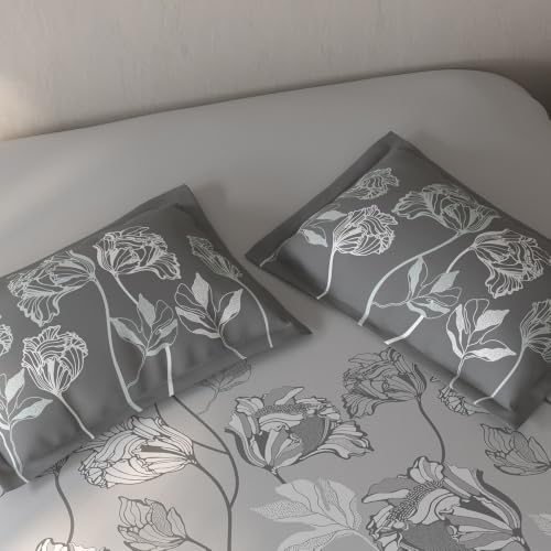 Image of Spaces Fiora Floral Single Bedsheet with 1 Pillow Covers | 100% Cotton Bed Sheet | Percale Bedding Set | Super Soft & Breathable Bedsheet | Light Grey | 152 x 228 Cm