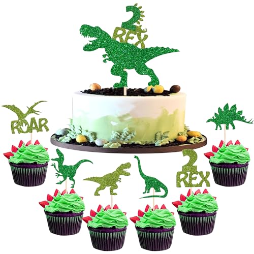 25 Pack Dinosaur Cupcake Toppers Glitter 2 Rex Roar Dinosaur Cupcake Picks Two Years Old Dino Theme Baby Shower Second Birthday Party Cake Decorations Supplies Green