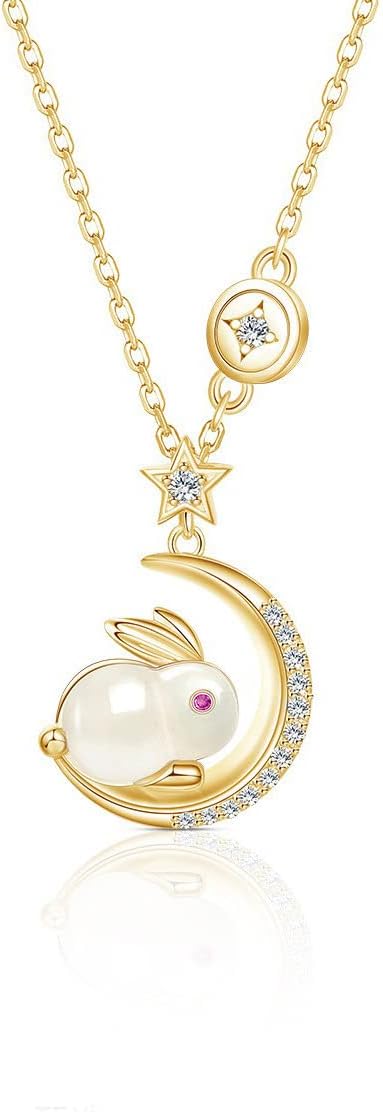 Gold Plated Rabbit Moon Pendant Necklace for Women Girls Cubic Zirconia Artificial Jade Bunny Animal Adjustable Choker Chain Necklaces Delicate Cute Easter Birthday Holiday Jewelry Gift 18 inch