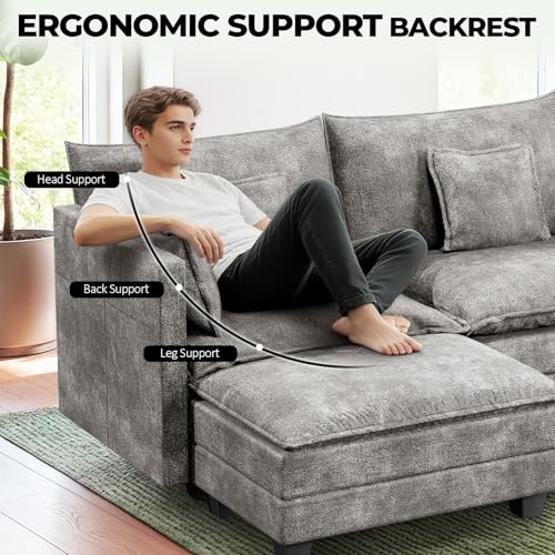 Image of LEVELEVE 112.5 inch L-Shape Modular Sofa with 1 Ottomans, Deep Seat Cloud Convertible Sleeper, 3 Throw 2 Arm Pillows, Cozy Upholstered Furniture for Living Room Apartment, Dark Grey