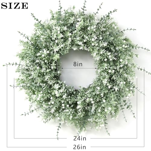 Image of 26 inch Large Artificial Eucalyptus Wreath for Front Door Decor (White-Green) | Eucalyptus Lavender Wreath with Baby's Breath Flowers, for Front Porch Home Farmhouse Outdoor Spring Summer All Season Decor