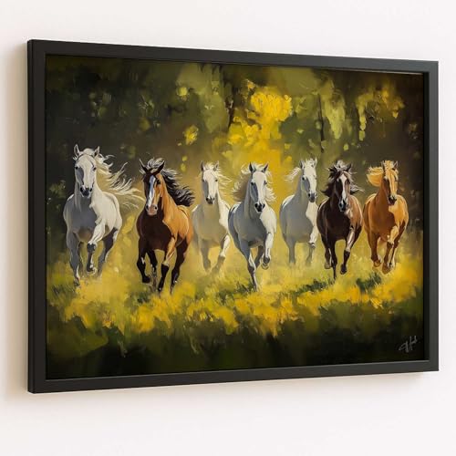 Image of HOTHOUSE Seven Running Vastu Lucky Horse Painting | 7 Horses Vastu Frame Wall Art Painting for Living Room Bedroom Office Home Decor Wall Decor Size (10X13 inch)