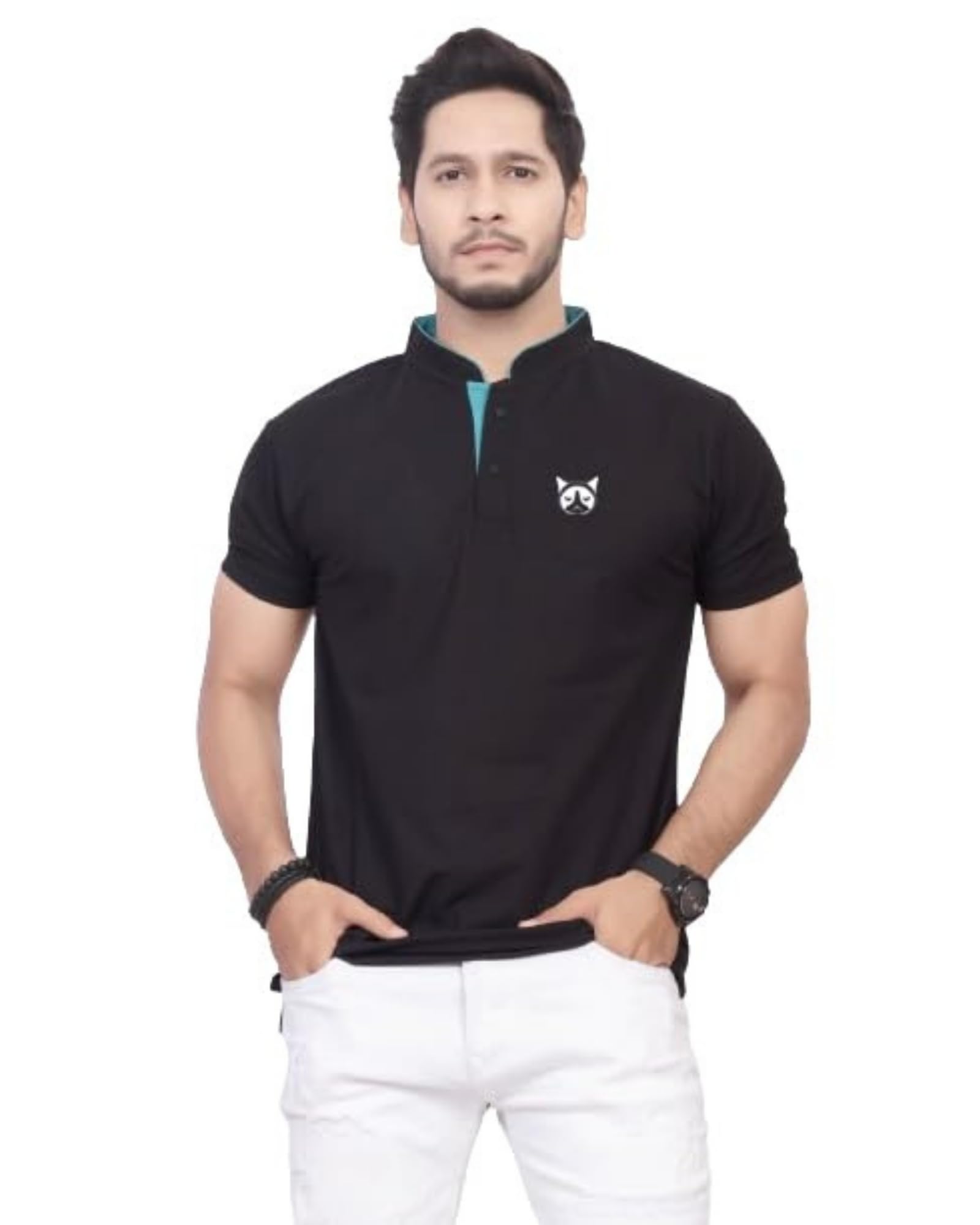 BAGHADBILLO Men's and Boy's Polyster T-Shirt with Mandarin Collared Neck Half Sleeves Closuer Button and Regular Fit | Polo t Shirt for Man