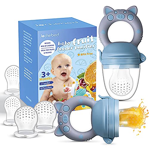 Image of Baby Fruit Food Feeder Pacifier - Fresh Teething Pacifiers, Infant Fruit Teething Teether Toy for 3-24 Months, 6 Pcs Silicone Pouches for Toddlers & Kids & Babies, Piggy Handle 2-Pack (Blue & Gray)