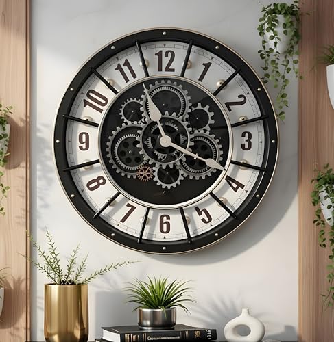 Image of Xtore Striking Industrial Moving Gear Wall Clock for Living Room, Office & Study Decor | Skeleton Dial Design with Exposed Gear Detailing & Bold Numeric Markers (Black & White, 45 cm)