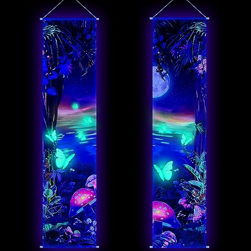 Tiamon 2 Pcs Black Light Art Wall Decor Trippy Blacklight Tapestry UV Reactive Tapestry Poster Banner Aesthetic Room Hanging Backdrop for Christmas Band Hippie Live Bedroom Home Decoration (Forest)