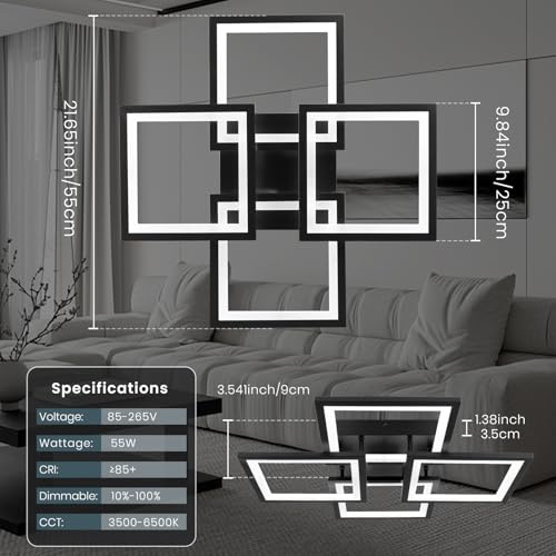 CANEOE LED Deckenleuchte,Dimmbar mit Fernbedienung & APP 4-Quadrat Deckenleuchte 55W 5000LM, Schwarz Deckenlampe für Wohnzimmer, Schlafzimmer, Küche, Flur, Balkon, Esszimmer, 3500-6500K