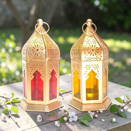 Image of Moroccan Lanterns & Candle Holders for Home Decor - Unique Diwali & Christmas Gifts (Red - Yellow, Set of 2)