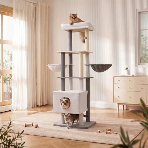 Image of 65in Large Cat Tree Heavy Duty Tower Condo & Sisal Posts for Cats | Heavy board ensures stability; sisal posts meet clawing needs. XL condo for cats' cozy retreat. Ideal for multiple cats