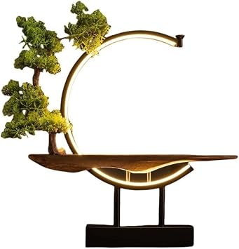 Ladfrol New Chinese Zen Buddha Ornament, Artificial Indoor Plant, Home Decor Gift, Realistic Fake Bonsai with USB LED Light, Creative Lamp Ring for Entrance Desk, Suitable for Home Living Room Foyer Office Decoration Bonsai 1 Semi Circular Lamp + Pine Holder Parallel Import
