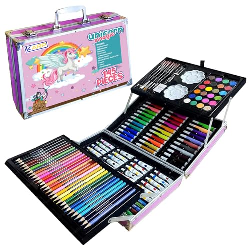 Image of KARP 145 Pcs Children Deluxe Art Drawing Set for Kids Case Studio Art and Craft Supplies Drawing and Painting Set Great Gift (Unicorn Design-Pink)