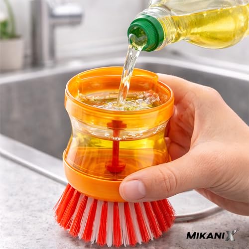 Image of MIKANIX Soap Dispensing Cleaning Brush, Dish Scrubber with Liquid Dispenser for Kitchen Sink, Cookware, Stove, Bathroom & Tiles, Multipurpose Scrub Brush (Pack of 1)