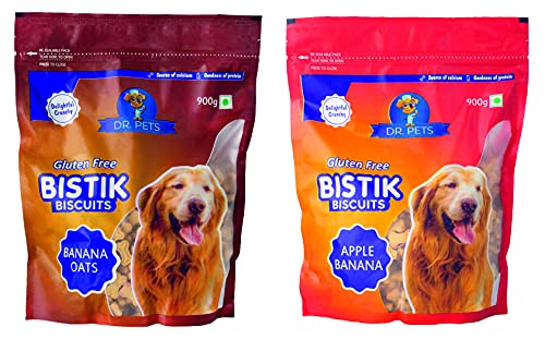 Image of Dr. Pets Pack of 2 (900g Each) Bistik Dog Biscuits | Apple Banana & Banana Oats | Gluten Free Veg Dog Treats for Puppies & Adult Dogs | Crunchy Healthy Daily Snack & Training Reward