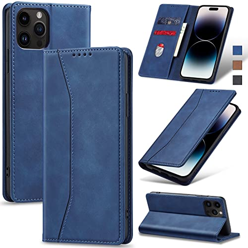 Image of Jasonyu Flip Wallet Case for iPhone 14 Pro 5G,Leather Magnetic Folio Cover with Card Holder,Kickstand - TPU Shockproof Durable Protective Phone Case,Blue