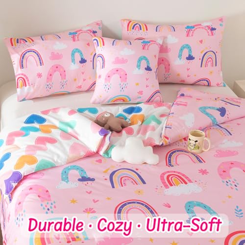 Image of Rainbow Girls Bedding Set Full Size, Love Hearts Pink Rainbow Comforter Set Full Bedding Sets for Girls Kids