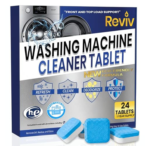 REVIV Washing Machine Cleaner Tablets – HE Compatible Descaler, 24 Count (12-Month Supply) – Septic-Safe for Front & Top Load Washers