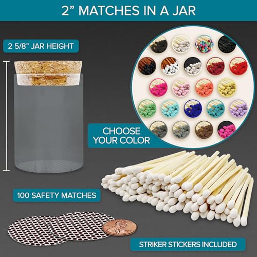 Image of 2 inch Matches in a Chic Jar + Striker Stickers Included | 100 Matchsticks in The Color of Your Choice | Decorative Safety Matches with a Cork Top Glass Holder | Gifts & Home Decor by Thankful Greetings