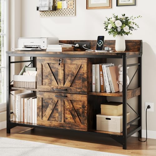44' File Cabinet, Lateral Filing Cabinet for Home Office with 2 Drawers, Office Storage Cabinet with Lock and Key, Wooden Printer Stand with 4 Storage Shelves, Power Outlets, Bookshelf, Rustic Brown