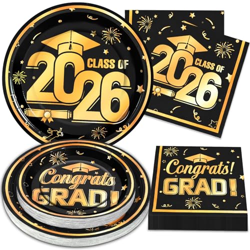 VEIZEDD 60Pcs Black Graduation Plates and Napkins 2026 Black and Gold Congrats Grad Class of 2026 Paper Plates Napkins Sets for College High School Graduation Party Decorations Serves 20