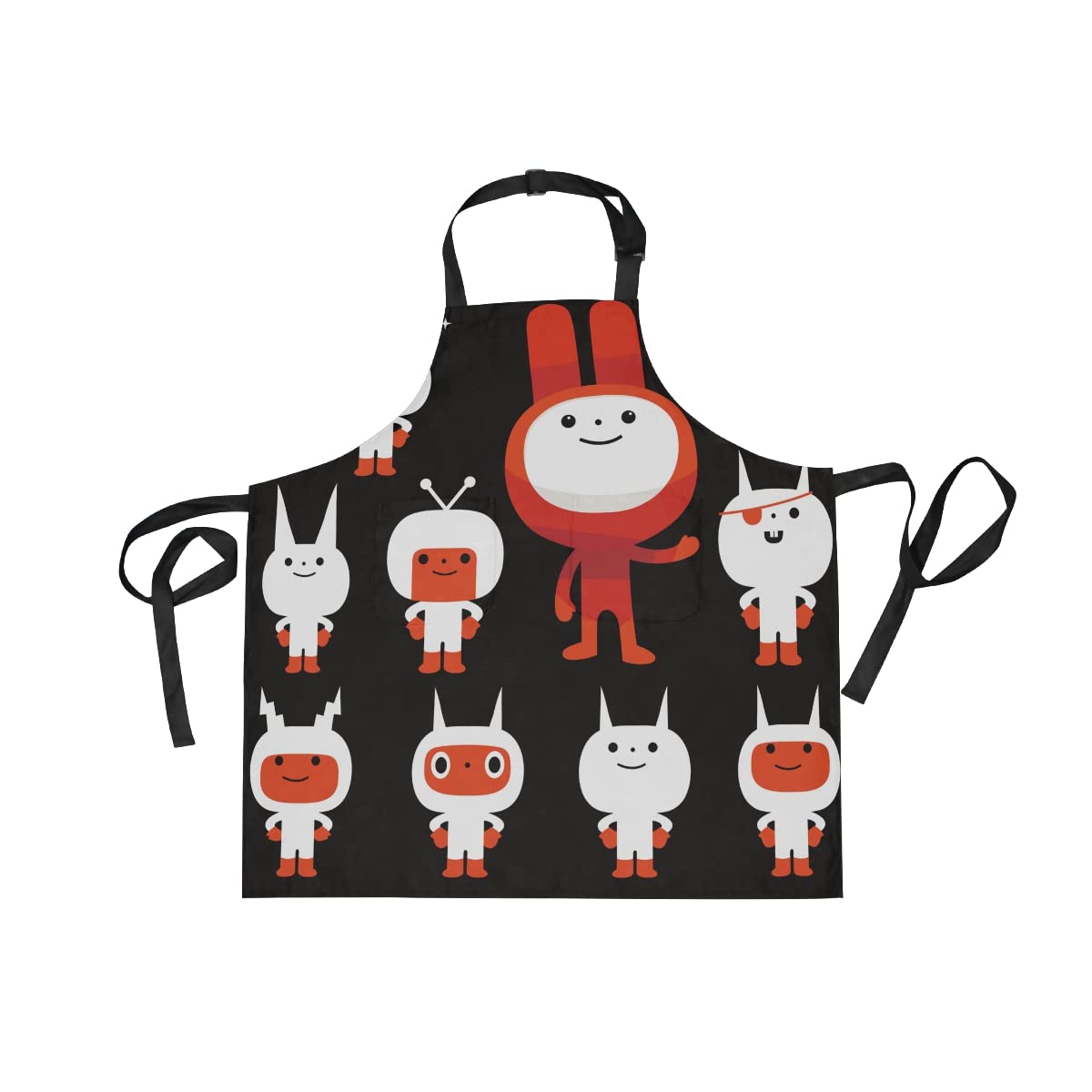 Rabbit Robot Cartoon Black Apron for Cooking Women Chef with 2 Pockets Adjustable Neck Strap Kitchen Bib Waitress Aprons for Baking Men Kid