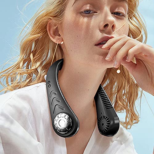 Image of Mini Portable USB Air Conditioner Fan, Hanging Neck Air Cooler Smart Sport USB Fan, Hanging Neck Cooler Physical Cooling, Travel Wearable Necklace Fan (X-Black)