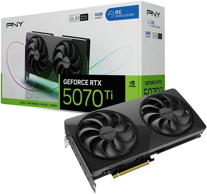 PNY NVIDIA GeForce RTX™ 5070 Ti Slim Dual-Fan, Dual-Slot OC Graphics Card (16GB GDDR7, 256-bit, Boost Speed: 2572 MHz, PCIe® 5.0, HDMI®/DP 2.1, NVIDIA Blackwell Architecture, DLSS 4.5)