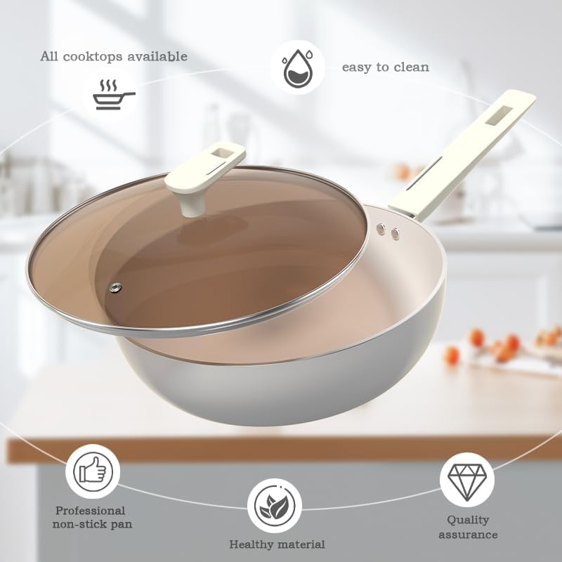 Ceramic Pots and Pans Set Nonstick,kitchen Cook sets, White Handle Induction Kitchen Cookware Sets, 16 Pcs Non Stick Cooking Set w/Frying Pans &Soup Pot，PFAS PTFE PFOA PFOS Free