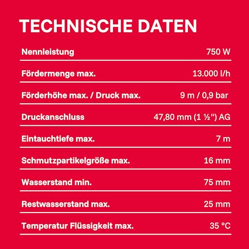 T.I.P. Schmutzwasser Drainage Tauchpumpe (Schächte ab 22 x 22 cm, 13.000 l/h Fördermenge, 9 m Förderhöhe, 0,9 bar Druck, 750 W, integrierter Schwimmer, vertikaler Pumpenausgang) I-Compac 13000, 30191