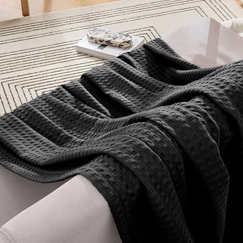 Image of Elegant Comfort Premium 100% Cotton Waffle Blanket - Lightweight Breathable Waffle Weave Bed Blanket - Soft and Warm All Season Blanket for Couch, Sofa and Bed, Queen Size 90x90 Inches, Black