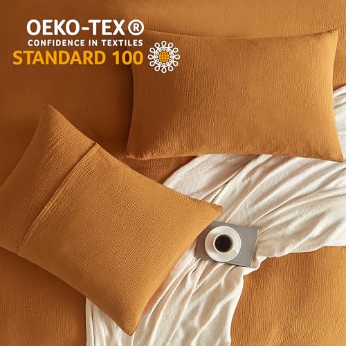 SE SOFTEXLY Muslin Duvet Cover King Size, 100% Washed Cotton Duvet Cover Set, Ultra Soft Comforter Cover Linen Like, 3 Pieces Minimalist Gauze Duvet Cover with 2 Pillowcases, 90"x104", Pumpkin