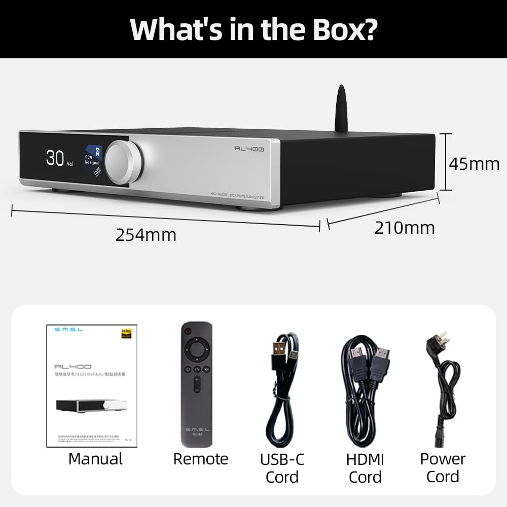SMSL AL400 All-in-One Hi-Fi Decoder Preamp Phono Power Amp CS43131 MM MC RCA BT USB Opt Coassiale HDMI eARC Phono