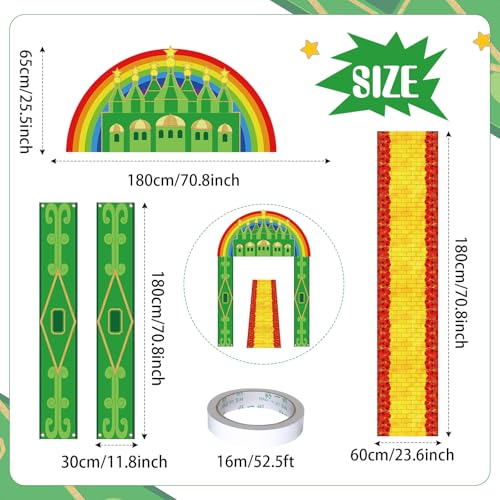 Image of Tingjoo 4 Pcs Green Castle Banner Yellow Brick Runner Entryway Party Decorations Emerald Backdrop Hanging Banner Yellow Brick Runner for Birthday Holiday Wizard Party
