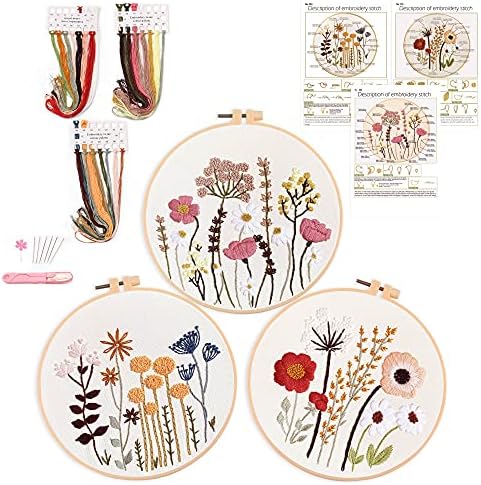 Harimau 3 Pack Embroidery Kit for Beginners , Floral Plant Pattern,Cross Stitch Kits Set , Including Stamped Embroidery Cloth with 3 Embroidery Hoops, Color Threads and Tools (Flower)