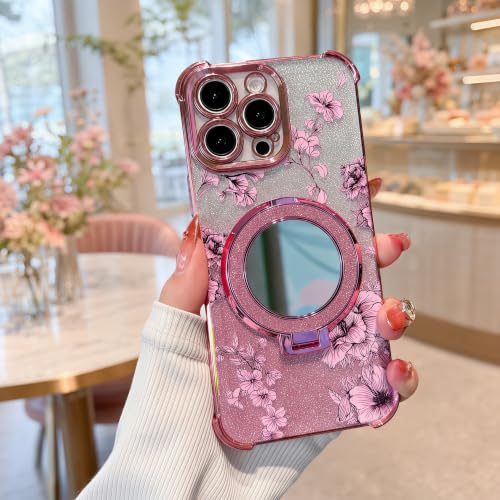 Pretaco for iPhone 15 Case with Diamond Mirror Kickstand,[Reinforced Conner Bumper][Glitter Bling Floral Design] Luxury Shinny Electroplated Edge for Women Girls-Black by Pretaco - Used condition - Image 7