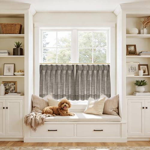 Image of TWOPAGES 42 inch inch W x 45 inch inch L Linen Blend Cafe Curtains for Kitchen Window, Light Filtering Pinch Pleated Tier Curtains, Modern Farmhouse Half Window Curtains for Bathroom, Chocolate Tart, 2 Panels