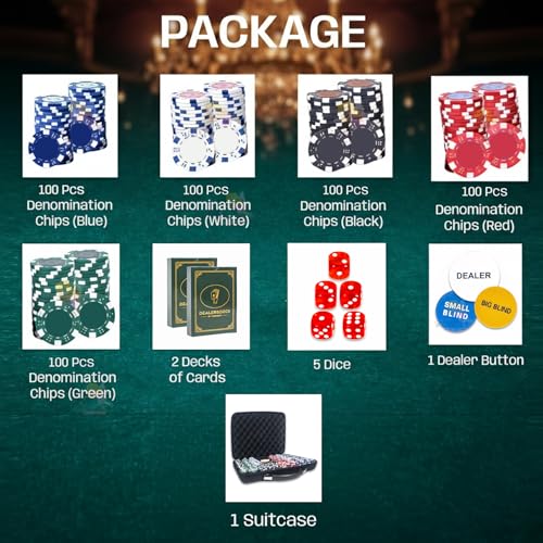 Image of WISHKEY Poker Chips Set 500 PCS with 5 Dice, 2 Decks of Playing Cards, 3 Dealer Buttons & Premium Carry Case Casino Style Poker Game Set for Home Party, Family & Friends 14+ Years