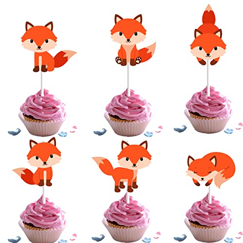 18Pcs Fox Cupcake Toppers For Boys Girls Woodland Caketopper For Baby Shower Woodland Animal Cupcake Decorations Cute Red Glitter Fox Birthday Party Supplies #TOP1