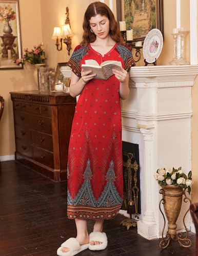 Image of Ekouaer Long Nightgown Women's Loungewear Short Sleeve Sleepwear Full Length Sleep Shirt with Pockets