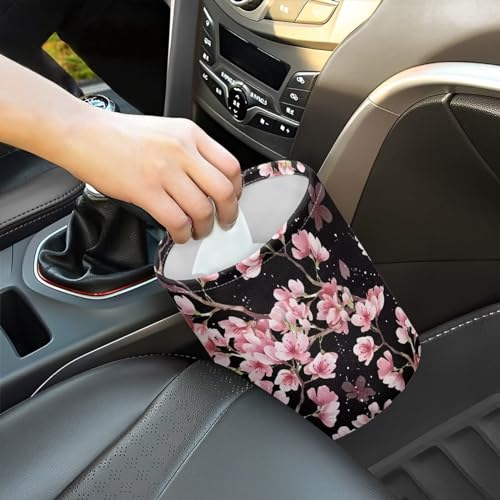 Image of Cute Cherry Blossom Car Trash Can Reusable Foldable Hanging Portable Dustbin Bin for Back Seat, Front Console, Floor, or Hanging Headrest Waste Basket