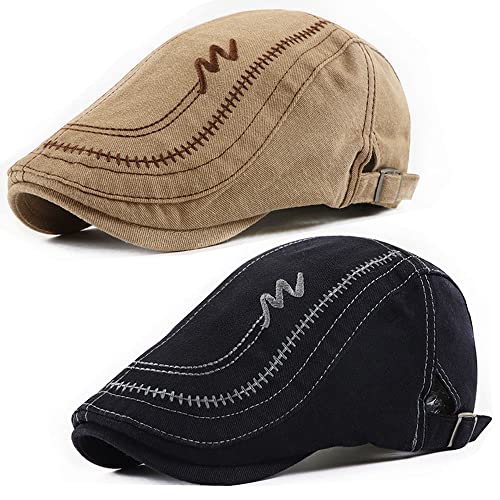 2Pack Newsboy Hats For Men Cotton Irish Flat Cap Fitted Ivy Hat Retro 1920S Gatsby Hat Mens Beret Cap Hunting Hat Black Light Brown #TOP20