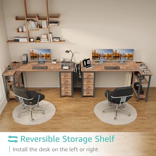 Lufeiya L Shaped Computer Desk with Drawers & Storage Shelves, 63 Inch Corner Desk with Power Outlet for Home Office Bedroom, L-Shaped Teen PC Gaming Desks with Fabric Drawer, Rustic Brown