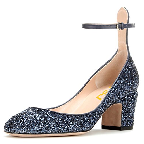 FSJ Women Retro Ankle Strap Mid Heels Dress Pump Almond Toe Patent Leather Shoes Size 4-15 US