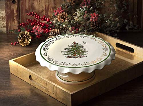Spode Christmas Tree Gold Cake Stand| Measures 11-Inches| Cake Plate| Holiday Cake Tray| Cupcakes, Cookies, And Desserts Serving Dish| Made Of Porcelain| Dishwasher Safe #TOP2