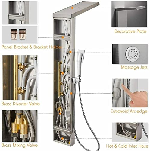 Sistema de columna de ducha de acero inoxidable con cabezal de lluvia y cascada, sistema de grifería de 6 funciones con masaje de agua y jets corporales miniatura 7
